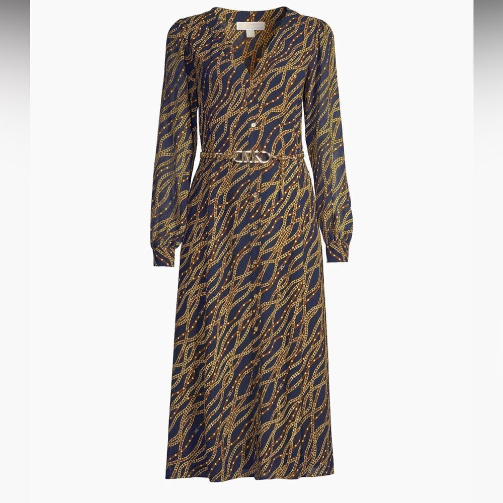 Elegant Micheal Kors Navy and Gold Chain Patterned Dress NO BELT
